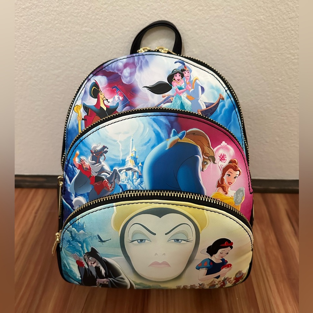 NWT Loungefly Disney Princesses and Villains triple zipper Backpack